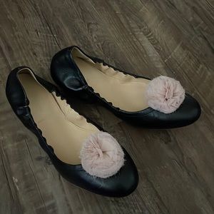 JCrew black flats with removable Pom